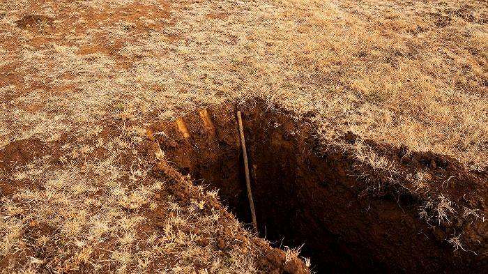 Sebuah foto yang diambil pada 9 Juli 2020 menunjukkan sebuah tongkat yang mengukur kedalaman kuburan yang baru digali di pemakaman Honingnestkrans, di Pretoria, untuk para korban COVID-19 (coronavirus novel). Pemakaman Honingnestkrans adalah salah satu situs pemakaman di Provinsi Gauteng, Afrika Selatan yang dipersiapkan untuk penguburan kematian COVID-19.