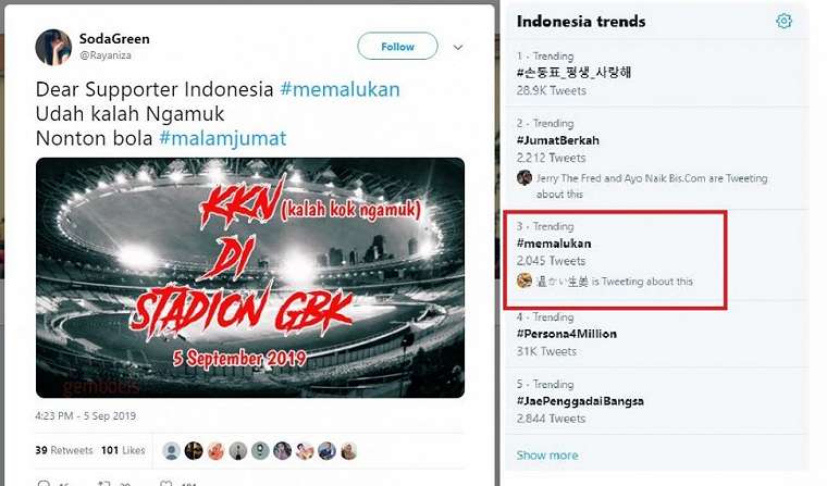 Reaksi netizen pada suporter timnas Indonesia yang ricuh di SUBGK. (Twitter)