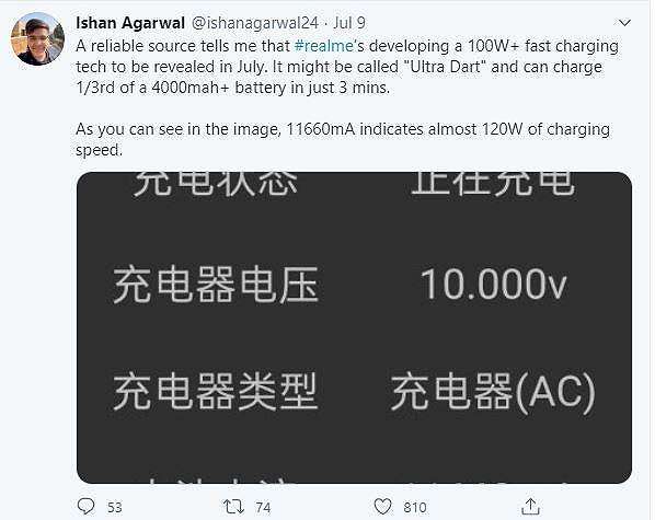 Leaker ini mengklaim bahwa fast charging 120 W milik Realme siap debut sebentar lagi. (Twitter/ ishanagarwal24)
